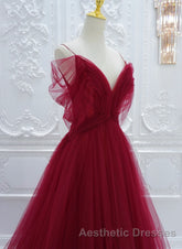 Wine Red Tulle V-Neckline Off Shoulder With Bow, Wine Red Tulle Long Evening Prom Dresses